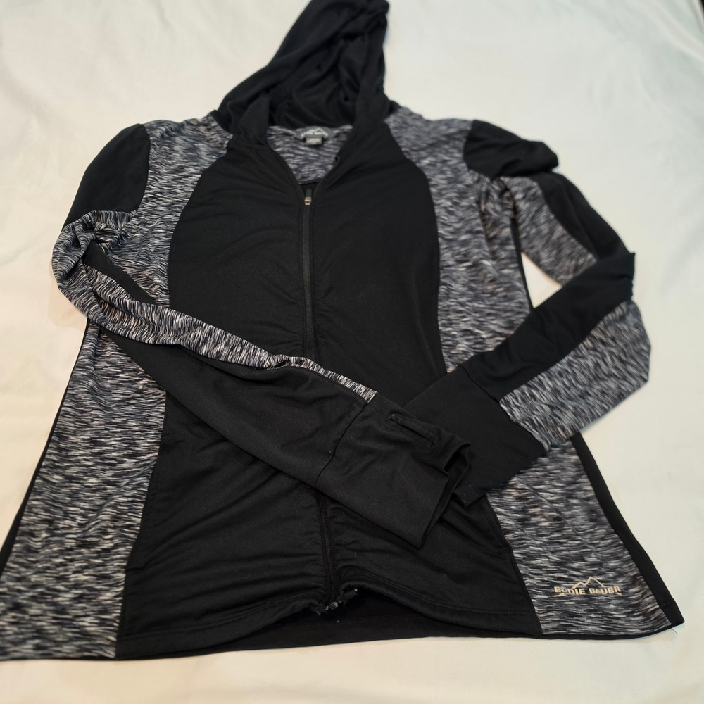 Eddie Bauer Full Zip Hoodie Womens L Black Space Dye Good Thumbholes ELJ0329A